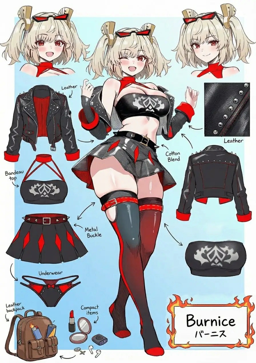 1girl, bag, burnice_white, character_sheet, compact_(cosmetics), lipstick, medium_hair, skirt