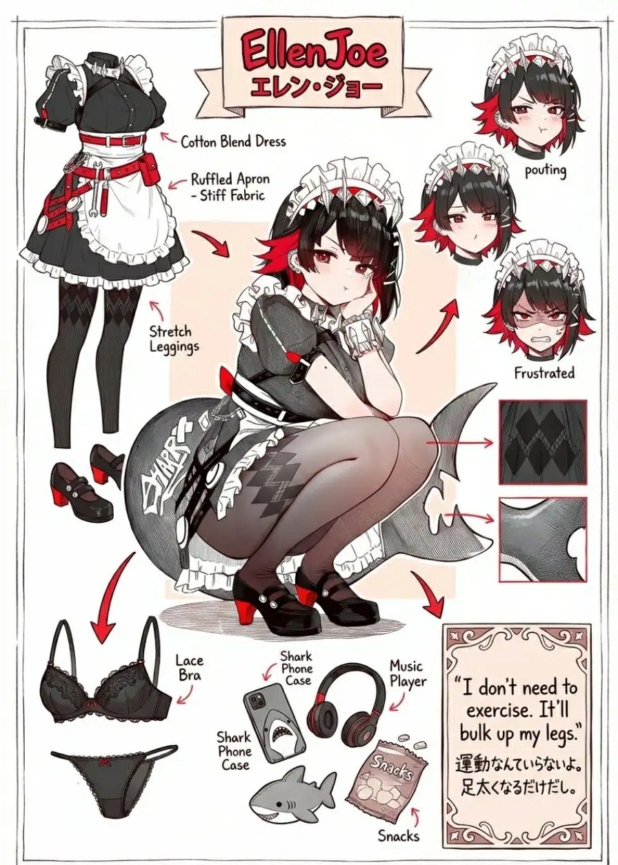 1girl, cellphone, character_sheet, ellen_joe, headphones, headset, maid, maid_dress, phone, shark_girl, shark_tail, short_hair, smartphone, snack, stuffed_shark, underwear, wireless_headphones, zenless_zone_zero