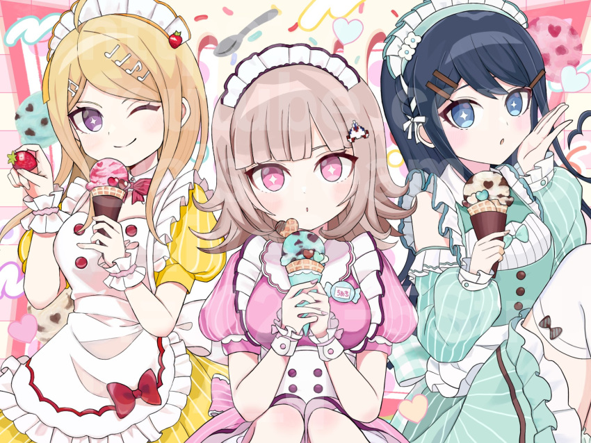 3girls, ;), ai_scream!_(love_live!), aiscream_(love_live!), akamatsu_kaede, alternate_costume, apron, aqua_dress, breasts, commentary_request, cosplay, danganronpa:_trigger_happy_havoc, danganronpa_(series), danganronpa_2:_goodbye_despair, danganronpa_v3:_killing_harmony, dress, enmaided, frilled_apron, frills, highres, kurosawa_ruby, kurosawa_ruby_(cosplay), large_breasts, love_live!, love_live!_nijigasaki_high_school_idol_club, love_live!_sunshine!!, love_live!_superstar!!, maid, maid_headdress, maizono_sayaka, multiple_girls, nanami_chiaki, one_eye_closed, pink_dress, puffy_short_sleeves, puffy_sleeves, q_ten_a, revision, short_sleeves, smile, uehara_ayumu, uehara_ayumu_(cosplay), wakana_shiki, wakana_shiki_(cosplay), white_apron, yellow_dress