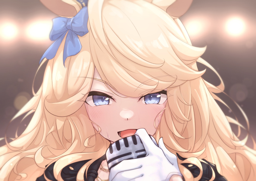 1girl, absurdres, animal_ears, blonde_hair, blue_bow, blue_eyes, bow, chahiro