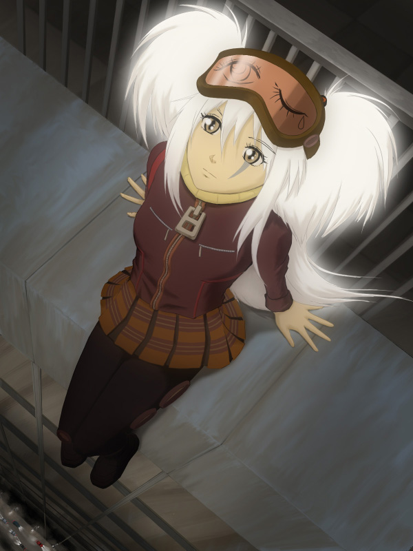 facial_mark, from_above, glowing, glowing_hair, goggles, karas, long_hair, miniskirt, neibu, pantyhose, plaid, plaid_skirt, sitting, skirt, tartan, twintails, very_long_hair, white_hair, yellow_eyes, yurine_(karas), zipper