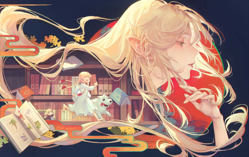 1girl, absurdres, blonde_hair, book, bookshelf, braid, character_doll, commentary_request, dog, doll, dress, dungeon_meshi, egasumi, falin_touden, falin_touden_(doll), floating_hair, green_eyes, highres, laios_touden, laios_touden_(dog), long_hair, mandrake_(dungeon_meshi), marcille_donato, meijiudexianyu_zoe, multiple_views, twin_braids, walking_mushroom_(dungeon_meshi), white_dress