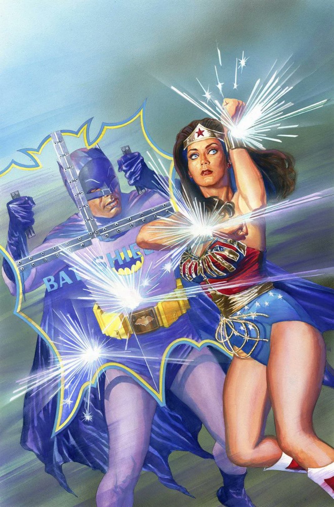 1boy, 1girl, adam_west, alex_ross, batman, batman_(1966), batman_(series), batman_symbol, belt, blue_eyes, boots, bracer, brown_hair, cape, comic_cover, dc_comics, fighting, gloves, highres, jpeg_artifacts, lasso_of_truth, leotard, lynda_carter, official_art, red_lips, shield, sparks, textless_version, tiara, transparent, utility_belt, wonder_woman, wonder_woman_(series)