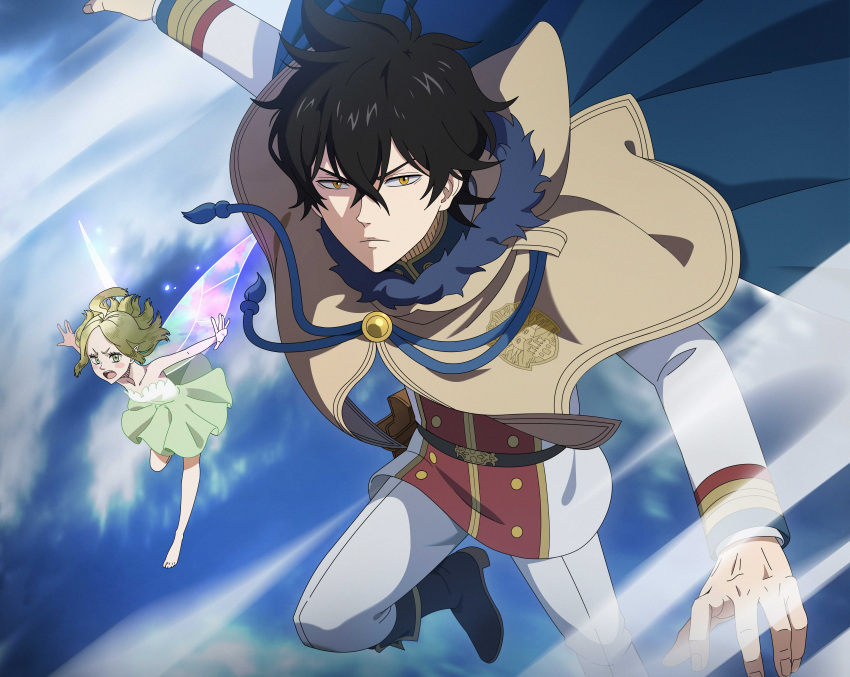 1boy, 1girl, absurdres, black_clover, black_clover_m:_rise_of_the_wizard_king, black_hair, blue_cape, brown_capelet, brown_eyes, cape, capelet, dress, fairy, fairy_wings, green_dress, green_hair, highres, jacket, mini_person, minigirl, multicolored_jacket, non-web_source, official_art, open_mouth, pants, red_jacket, strapless, strapless_dress, sylph_(black_clover), two-tone_jacket, white_jacket, white_pants, wings, yuno_(black_clover)