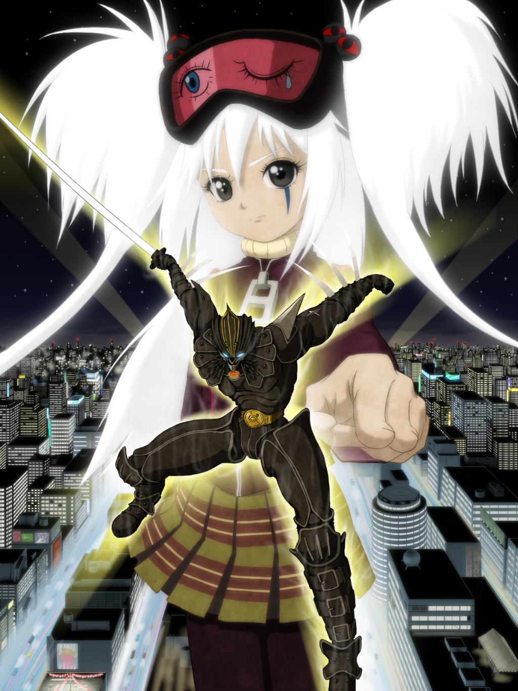 belt, black_eyes, city, cityscape, facial_mark, glowing, glowing_hair, goggles, hair_bobbles, hair_ornament, highres, jacket, karas, karas_(character), katana, long_hair, male, miniskirt, neibu, night, otoha_(karas), plaid, plaid_skirt, skirt, star, sword, tartan, twintails, very_long_hair, weapon, white_hair, wink, yurine_(karas), zipper