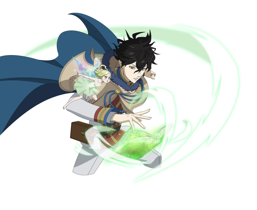 1boy, 1girl, absurdres, black_clover, black_clover_m:_rise_of_the_wizard_king, black_hair, blue_cape, brown_capelet, brown_eyes, cape, capelet, dress, fairy, fairy_wings, green_dress, green_hair, highres, jacket, mini_person, minigirl, multicolored_jacket, non-web_source, official_art, pants, red_jacket, simple_background, strapless, strapless_dress, sylph_(black_clover), transparent_background, two-tone_jacket, white_jacket, white_pants, wings, yuno_(black_clover)