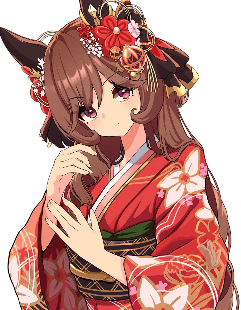 1girl, alternate_costume, animal_ears, blush, breasts, brown_hair, ear_covers, ear_flower