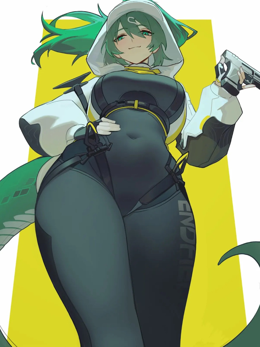 1girl, arknights, arknights:_endfield, fluorite_(arknights), long_hair, looking_down, pistol, ponytail