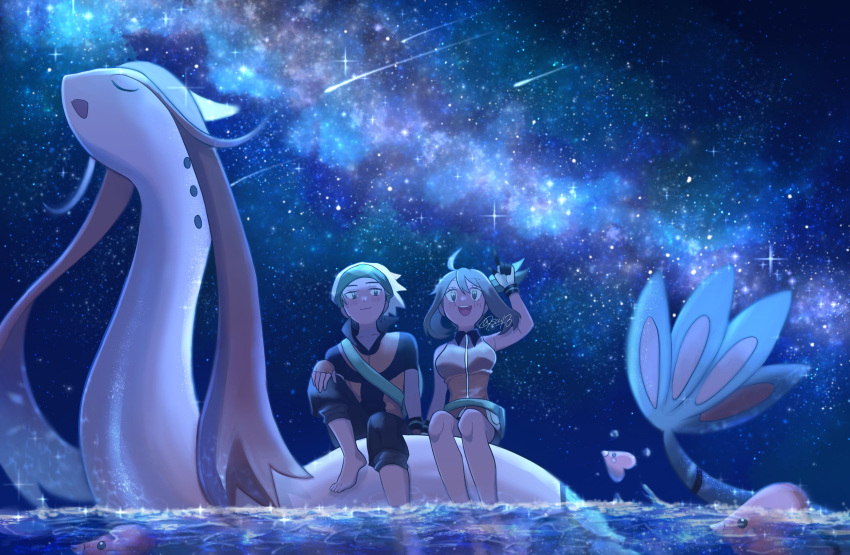 1boy, 1girl, arm_up, bandana, barefoot, beanie, black_pants, breasts