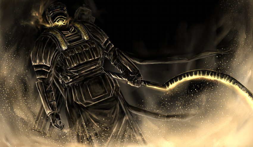 absurdres, black_background, black_gloves, black_jacket, black_mask, black_pants, eye_of_horus, facing_viewer