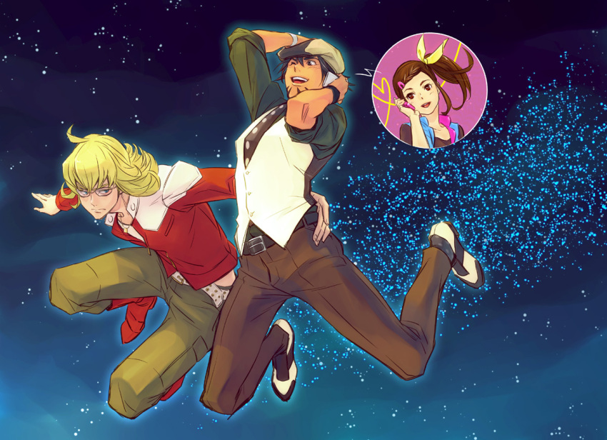 age_difference, belt, blonde_hair, blue_eyes, boots, brown_eyes, brown_hair, cabbie_hat