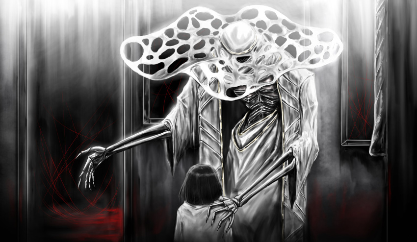 1boy, 1girl, absurdres, aged_down, black_hair, body_horror, bone, commentary_request