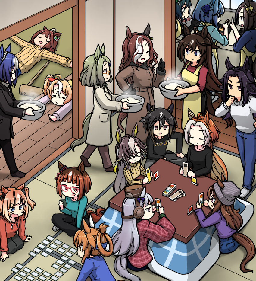 6+girls, admire_groove_(umamusume), ahoge, air_groove_(umamusume), alternate_costume, animal_ears, black_hair, blonde_hair, blue_hair, bow, brown_hair, cesario_(umamusume), character_request, commentary_request, cooking, daring_heart_(umamusume), dream_journey_(umamusume), duramente_(umamusume), ear_bow, fenomeno_(umamusume), fusaichi_pandora_(umamusume), glasses, gold_ship_(umamusume), hair_between_eyes, hair_ornament, hairband, hamu_koutarou, happy_new_year, highres, horse_ears, horse_girl, horse_tail, karuta_(card_game), long_hair, long_sleeves, multicolored_hair, multiple_girls, nakayama_festa_(umamusume), new_year, orfevre_(umamusume), stay_gold_(umamusume), stay_gold_clan_(umamusume), tail, transcend_(umamusume), umamusume, white_hair