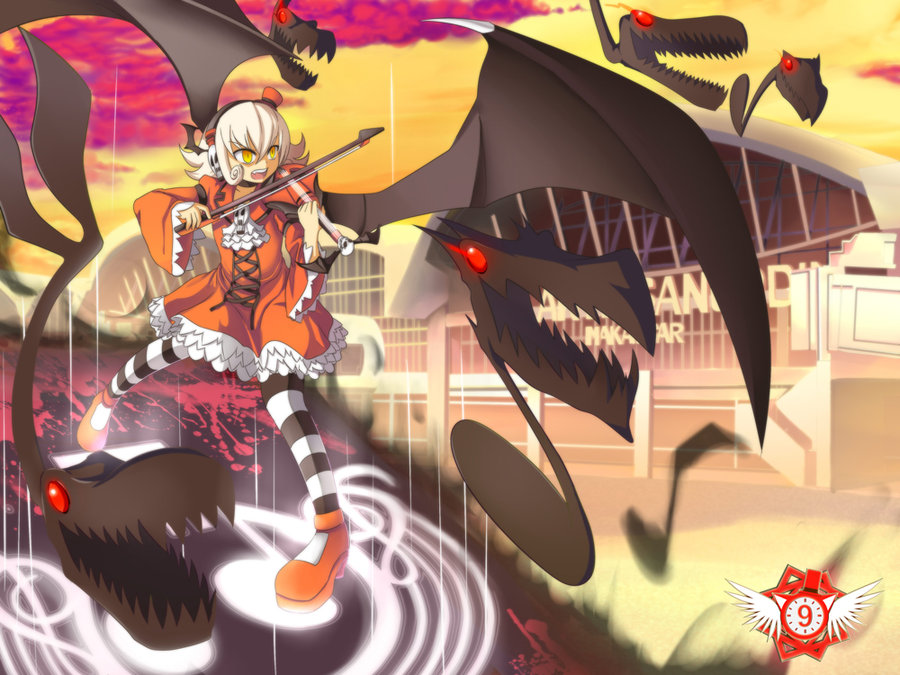 demon_girl, fallecimiento_melodia, gothic, gothic_lolita, instrument, lolita_fashion, melody, music, musical_note, note, original, rouzille, solo, violin, white_hair, wings, yellow_eyes