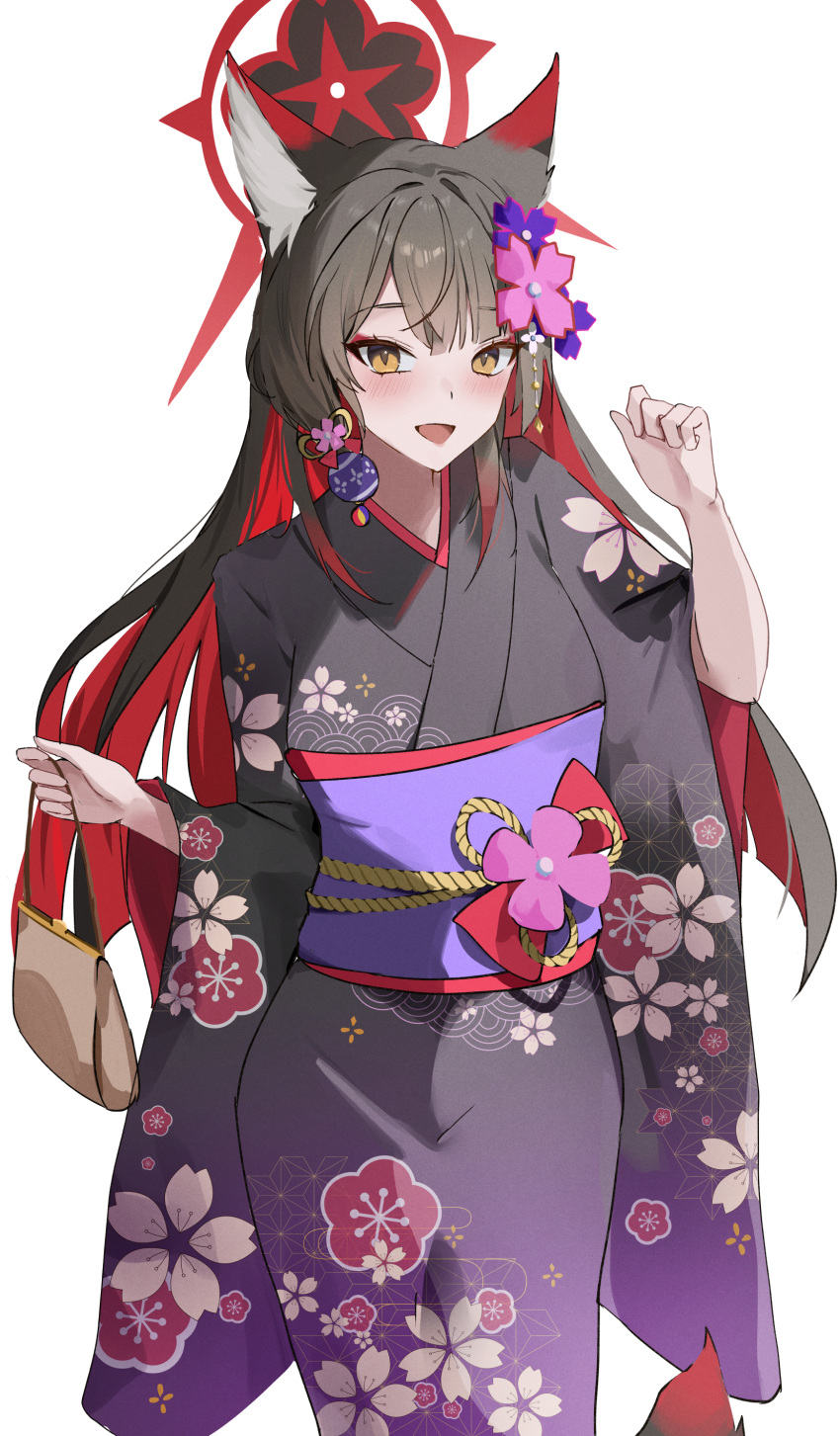 1girl, absurdres, alternate_costume, animal_ear_fluff, animal_ears, black_hair, blue_archive, blush, colored_inner_hair, commentary, english_commentary, floral_print, floral_print_kimono, flower, fox_ears, fox_girl, fox_tail, hair_flower, hair_ornament, halo, highres, japanese_clothes, kimono, long_hair, long_sleeves, looking_at_viewer, multicolored_hair, obi, open_mouth, print_kimono, purple_flower, purple_kimono, purple_sash, red_hair, red_halo, sash, solo, tail, two-tone_hair, udonpan, wakamo_(blue_archive), wide_sleeves, yellow_eyes