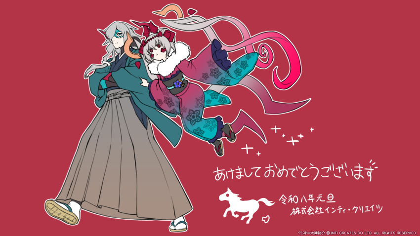 1boy, 1girl, blue_eyes, blue_kimono, breasts, card-en-ciel, floating, full_body, gradient_clothes, gradient_kimono, gryebooks, highres, horns, japanese_clothes, kimono, medium_breasts, midair, nanakt_selevan, red_eyes, red_horns, red_kimono, rita_(card-en-ciel), translation_request, walking