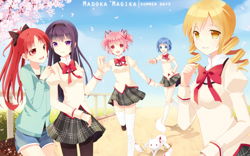 akemi_homura, antenna_hair, black_hair, black_legwear, blonde_hair, blue_eyes, blue_hair, bow