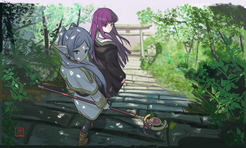 2girls, earrings, elementary_(lolipope), elf, fern_(sousou_no_frieren), frieren, highres, holding
