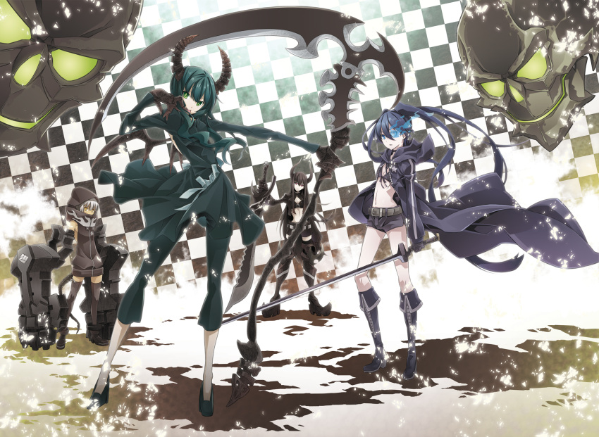 belt, bikini_top, black_gold_saw, black_hair, black_legwear, black_rock_shooter, black_rock_shooter_(character), blue_eyes