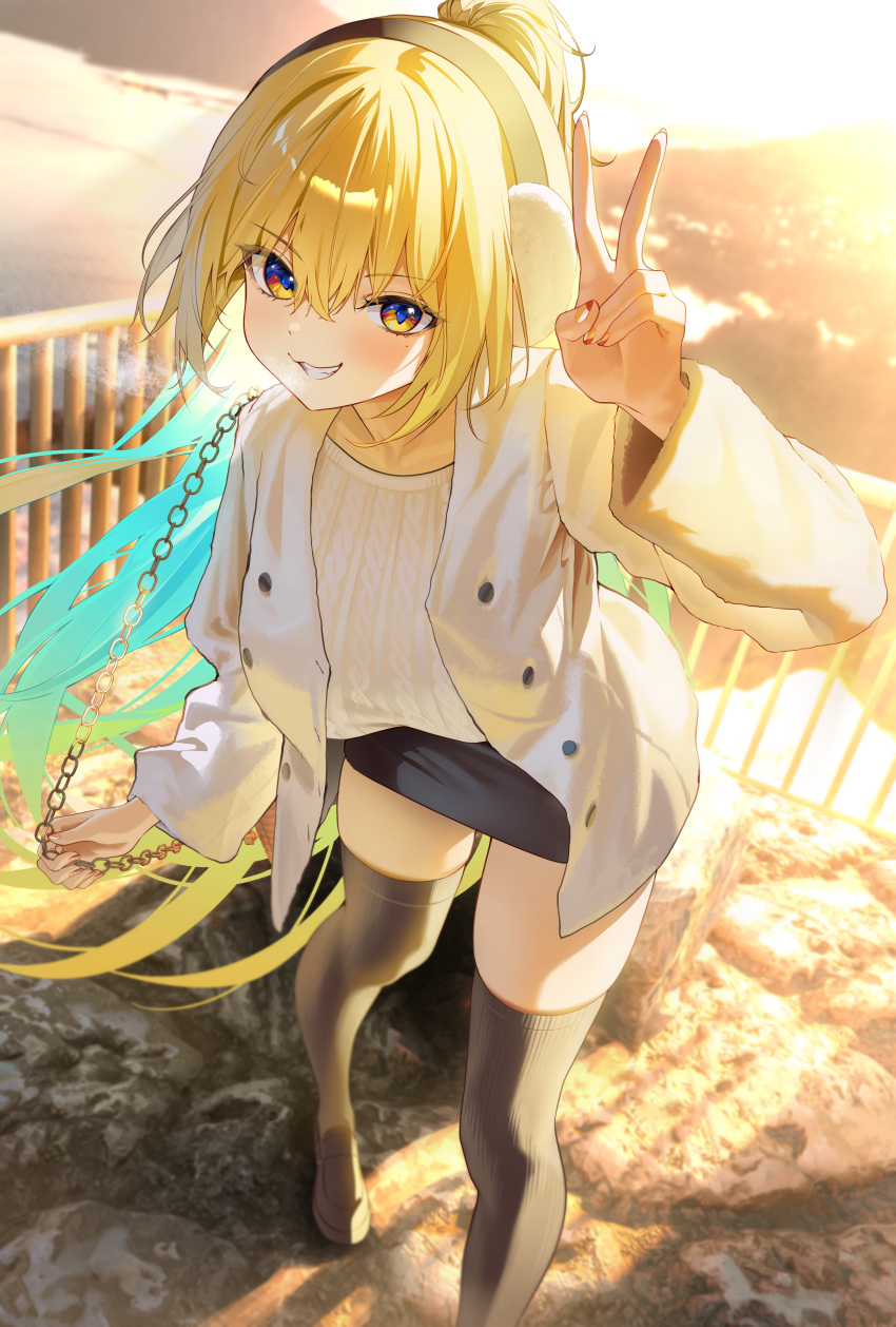 1girl, absurdres, aqua_hair, bag, black_shoes, black_skirt, black_thighhighs, blonde_hair
