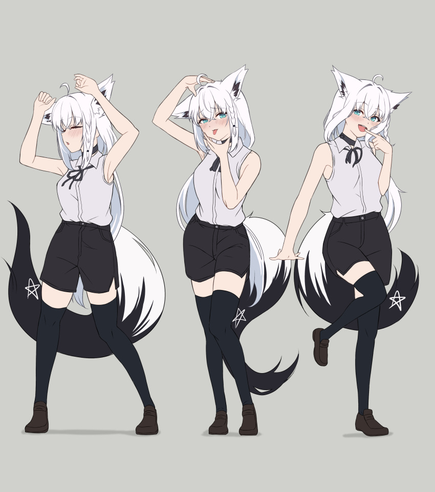 1girl, :d, absurdres, ahoge, animal_ears, aqua_eyes, black_shorts, black_thighhighs, brown_shoes, chainsaw_man, closed_eyes, commentary_request, cosplay, dancing, fox_ears, fox_girl, fox_tail, full_body, grey_background, grey_shirt, highres, hololive, iris_out_(song), long_hair, looking_at_viewer, low-tied_long_hair, multiple_views, neck_ribbon, pentagram, reze_(chainsaw_man), reze_(chainsaw_man)_(cosplay), reze_dance, ribbon, shirakami_fubuki, shirt, shoes, shorts, simple_background, sleeveless, sleeveless_shirt, smile, standing, tail, thigh-highs, tks_rkgk, tongue, tongue_out, virtual_youtuber, white_hair