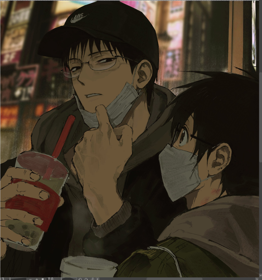 2boys, absurdres, alternate_costume, baseball_cap, black_eyes, black_hair, black_hat, black_jacket