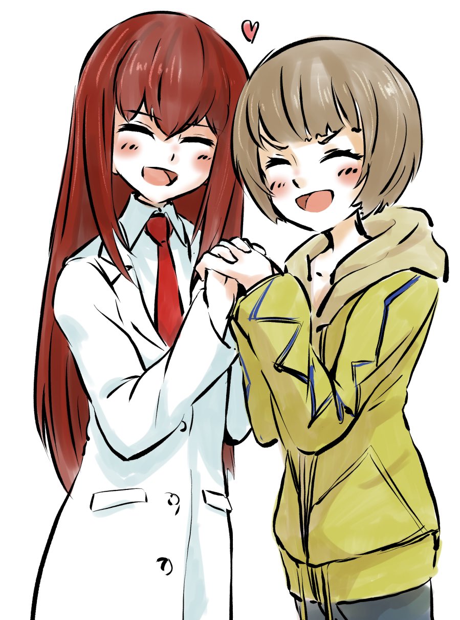 2girla, 2girls, :d, ^_^, blush, brown_hair, closed_eyes, closed_lab_coat, commentary_request, heart, highres, holding_hands, jacket, lab_coat, long_hair, long_sleeves, makise_kurisu, multiple_girls, nakase_katsumi, necktie, open_mouth, red_necktie, sadarann, science_adventure, short_hair, smile, steins;gate, steins;gate_0, tomboy, tongue, white_background