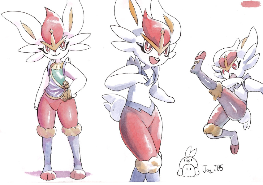 1girl, :>, animal_ears, animal_hands, animal_nose, arm_at_side, artist_name, blue_fur, body_fur, bottomless, bright_pupils, buck_teeth, cinderace, cinderace_(guardian), closed_mouth, commentary, cropped_legs, english_commentary, flat_chest, full_body, furry, furry_female, groin, hand_on_own_hip, hands_up, happy, highres, j.jama, jumping, kicking, leg_up, legs, looking_down, multicolored_fur, multiple_views, open_mouth, painting_(medium), pawpads, poke_ball_symbol, pokemon, pokemon_(creature), pokemon_unite, rabbit_ears, rabbit_girl, rabbit_tail, red_eyes, red_fur, red_hair, scan, shiny_skin, short_hair, short_tail, signature, simple_background, sleeveless, smile, standing, tail, tassel, teeth, thighs, traditional_media, twitter_username, two-tone_shirt, watercolor_(medium), white_background, white_fur, white_pupils, yellow_fur