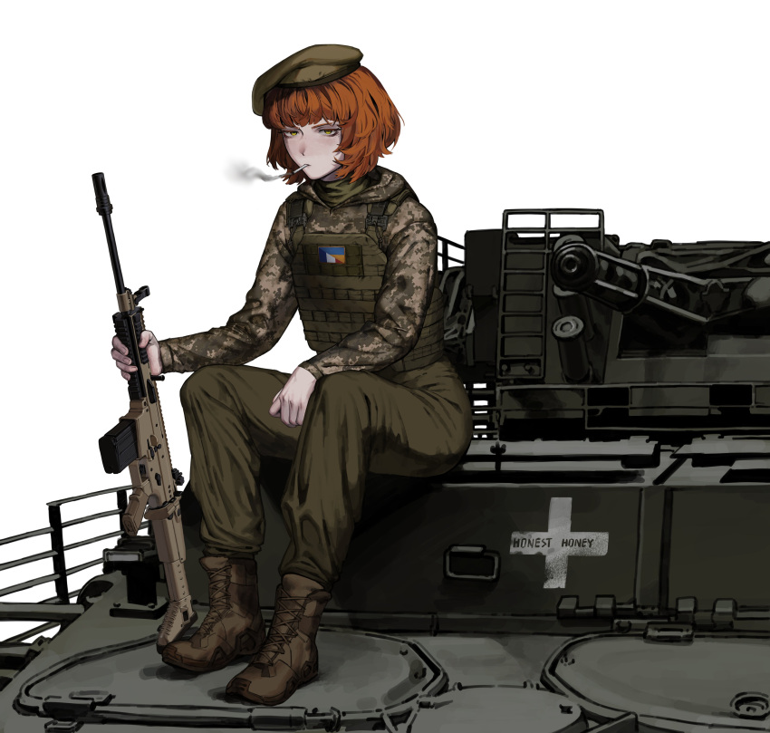 1girl, absurdres, aircraft, airplane, armored_personnel_carrier, armored_vehicle, army, assault_rifle
