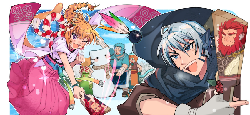 2girls, 3boys, animal_ears, blue_eyes, blue_hair, caineghis_(fire_emblem), cat_ears, cat_girl