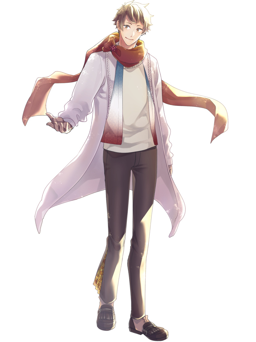 1boy, black_pants, brown_eyes, brown_gloves, brown_hair, coat, dairoku_ryouhei, full_body, gloves, highres, iji_brokenheart, kouco_(kouno), male_focus, open_clothes, open_coat, pants, red_scarf, scarf, shoes, solo, standing, transparent_background