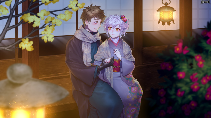 1boy, 1girl, black_gloves, blurry, blurry_foreground, brown_eyes, brown_hair, copyright_name, dairoku_ryouhei, eye_contact, floral_print, floral_print_kimono, flower, gloves, haineko_(tw), hetero, highres, holding_hands, iji_brokenheart, japanese_clothes, jewelry, kimono, lantern, looking_at_another, momomi_komugi, outdoors, print_kimono, ring, scarf, sitting, white_hair, wide_sleeves, yellow_eyes