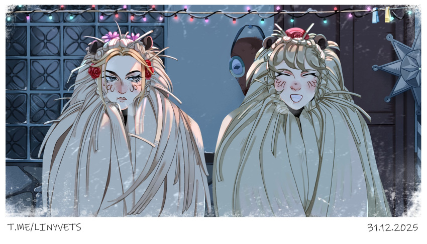 2girls, angry, blonde_hair, blue_eyes, christmas_lights, closed_eyes, cold, commentary
