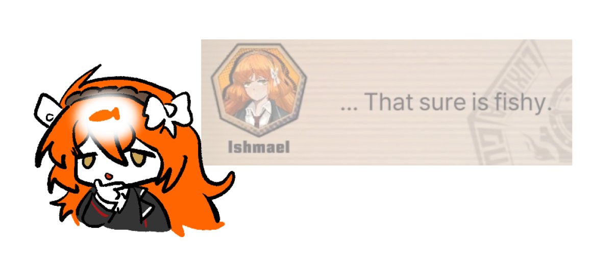1girl, black_coat, bow, bucachonglu, coat, commentary, english_text, fish, hair_bow, hand_on_own_chin, headband, ishmael_(project_moon), limbus_company, orange_hair, project_moon, reference_inset, shirt, simple_background, solo, symbol-only_commentary, thinking, white_background, white_shirt, yellow_eyes