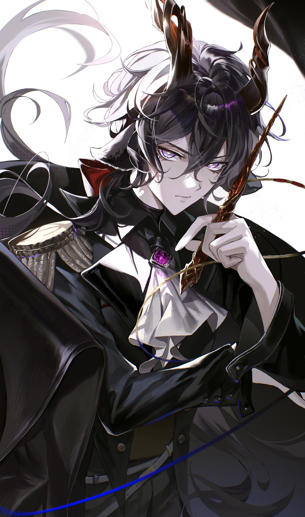 1boy, animal_ears, arknights, ascot, black_hair, black_jacket, black_shirt, commentary_request