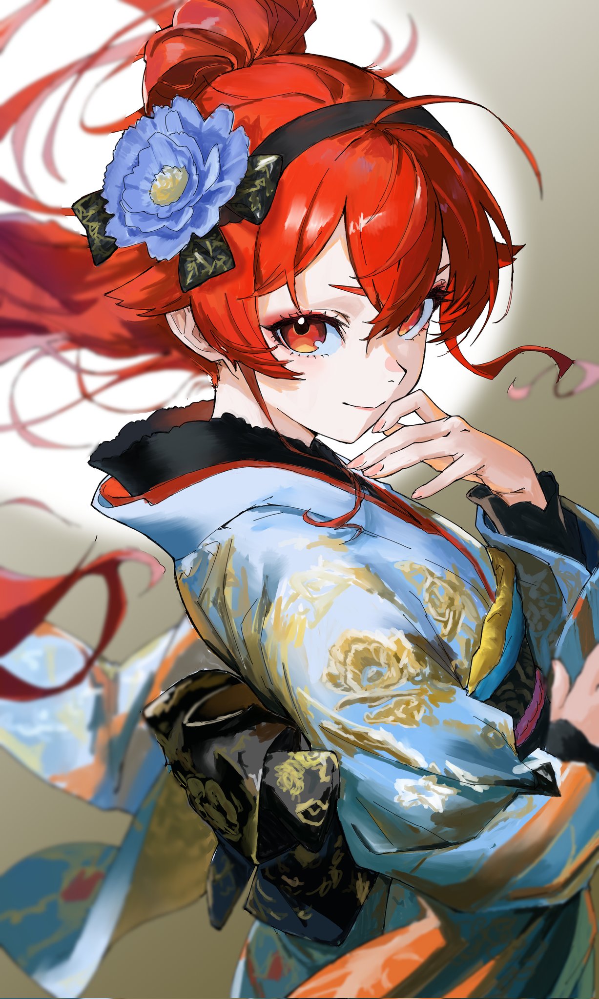 1girl, ahoge, alternate_costume, black_hairband, blue_kimono, closed_mouth, commentary_request, crossed_bangs