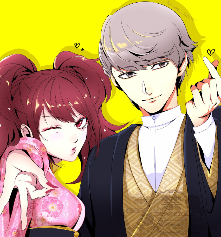 1boy, 1girl, brown_eyes, brown_hair, closed_mouth, commentary_request, grey_eyes, grey_hair