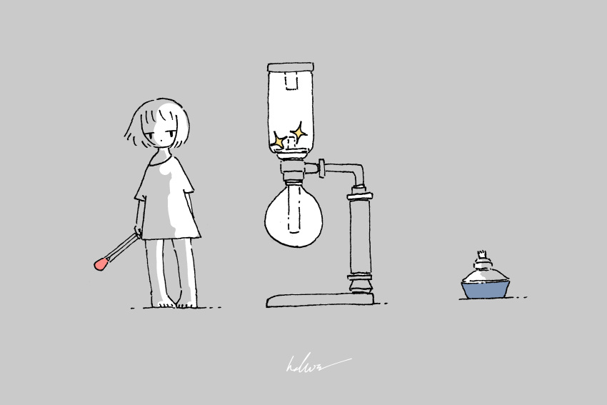 1girl, absurdres, alcohol_burner, barefoot, coffee_maker, coffee_siphon, greyscale, highres