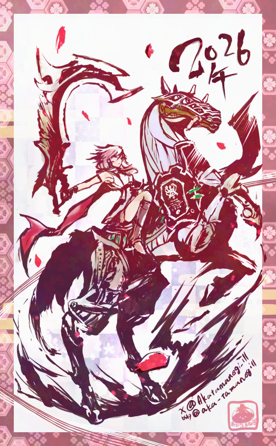 1girl, 2026, akatamanegi_ill, armlet, cape, chinese_zodiac, commentary, dual_wielding