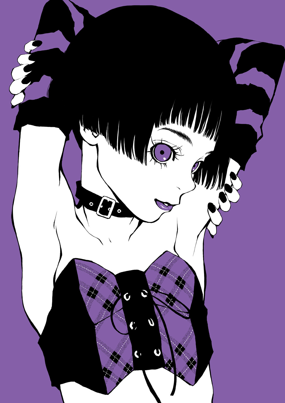 armpits, arms_up, bad_id, black_hair, collar, gothic_lolita, high_contrast, highres