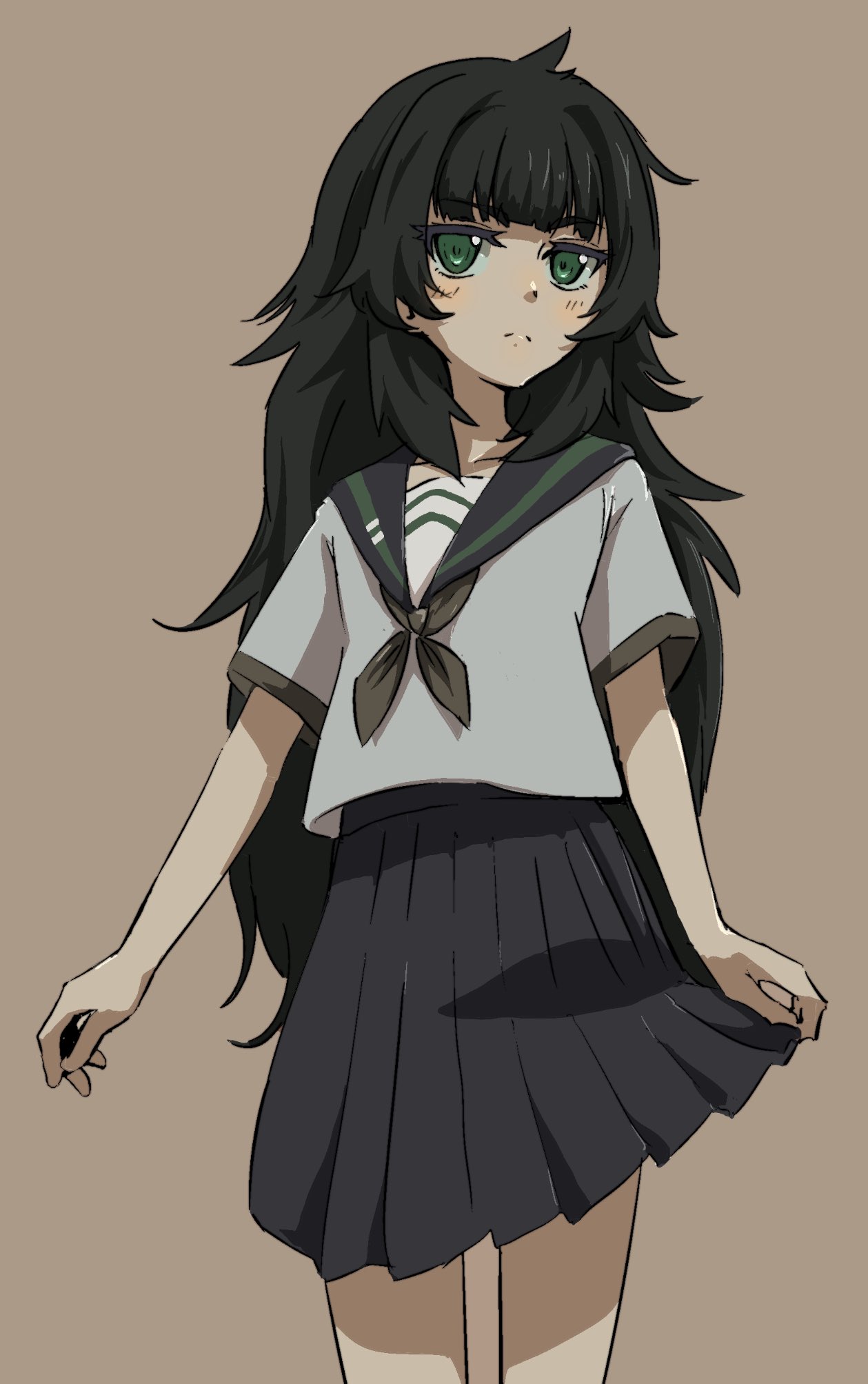 1girl, black_serafuku, blunt_bangs, blush, frown, green_eyes, green_hair, highres