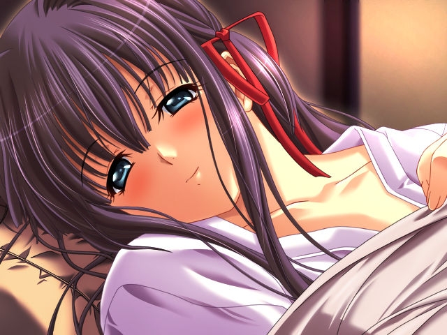 1girl, blue_eyes, blush, close-up, game_cg, long_hair, looking_at_viewer, lying, m&amp;m_(mickey_and_mackey), purple_hair, serina_(game), shirt, smile, solo, suou_serina, under_covers, upper_body, white_shirt