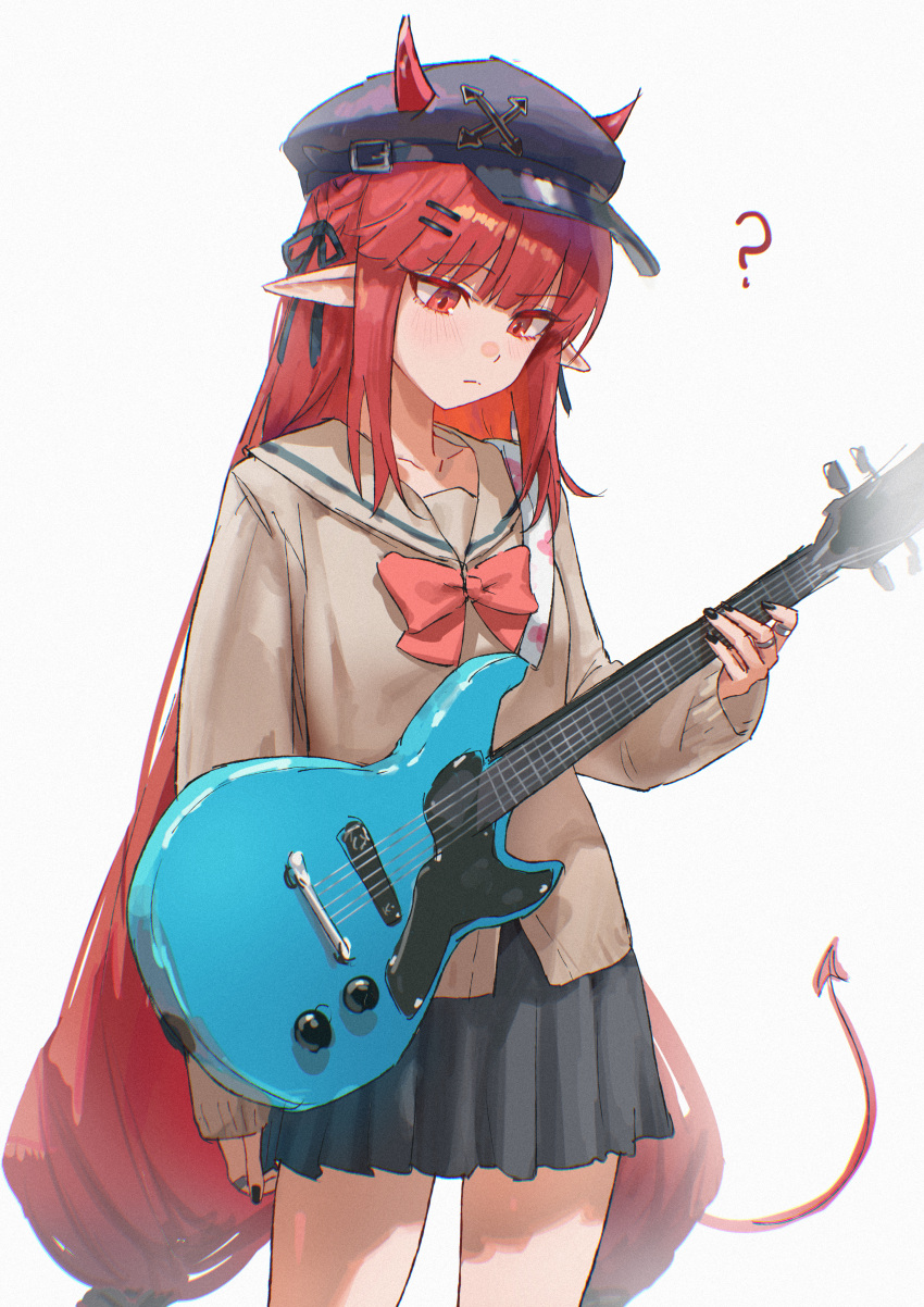 1girl, :/, ?, absurdres, arknights, black_hat, black_nails, black_ribbon