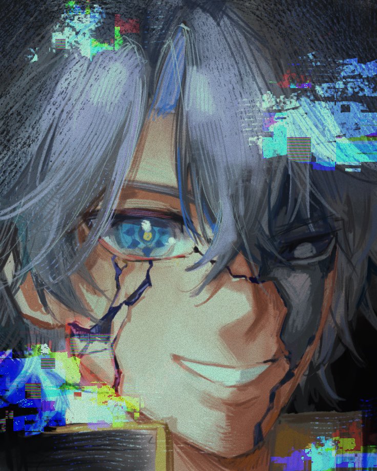 1boy, black_sclera, blue_eyes, broken_mask, colored_sclera, colored_skin, cracked_kawaii_mask, crossed_bangs