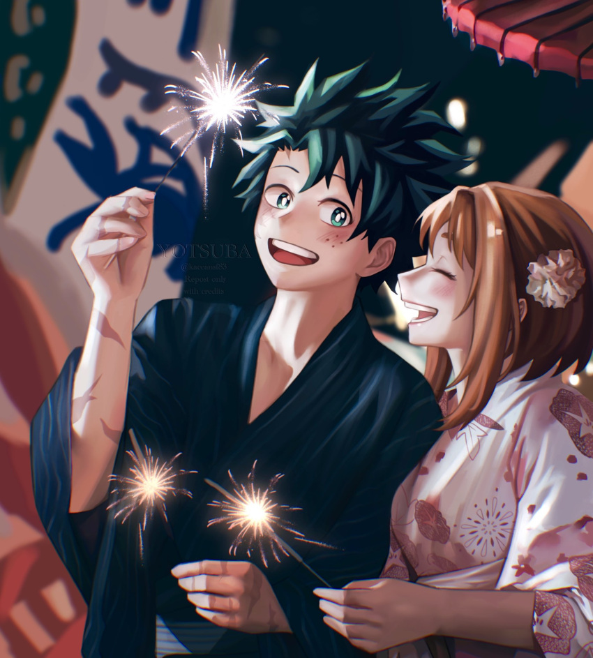 1boy, 1girl, blue_kimono, blush, boku_no_hero_academia, breasts, brown_hair, closed_eyes