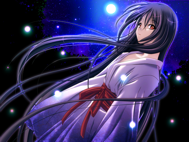 1girl, black_hair, breasts, brown_eyes, dutch_angle, full_moon, game_cg, japanese_clothes, kimono, long_hair, looking_at_viewer, m&amp;m_(mickey_and_mackey), moon, night, outdoors, serina_(game), small_breasts, smile, solo, suou_yukina, very_long_hair, wavy_hair, white_kimono