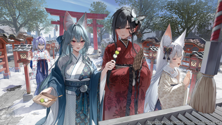 4girls, animal_ear_fluff, animal_ears, black_gloves, black_hair, blue_eyes, blue_hair, blue_kimono, bow, box, braid, butterfly_hair_ornament, character_request, chinese_commentary, closed_eyes, commentary_request, copyright_notice, dango, donation_box, english_text, floral_print, food, fur-trimmed_kimono, fur_trim, gloves, hair_bow, hair_ornament, hairpin, highres, holding, holding_skewer, holding_tray, illian-san, japanese_clothes, kimono, komainu, lace, lace_gloves, lantern, long_hair, meridian_project, mixed-language_commentary, mizuki_(vtuber), multicolored_hair, multiple_girls, new_year, obi, omikuji, praying, red_eyes, red_hair, red_kimono, sash, short_hair, shrine, side_braid, skewer, sky, skyline, smile, snow, streaked_hair, torii, tray, tree, virtual_youtuber, wagashi, white_hair, white_kimono
