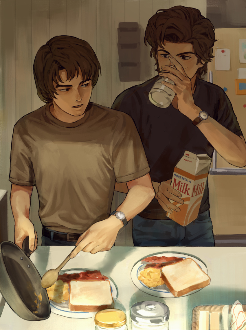 2boys, bacon, bread, bread_slice, breakfast, brown_eyes, brown_hair, c-fish, commentary, drink, drink_carton, drinking, food, highres, holding, holding_drink, holding_milk_carton, holding_pan, jonathan_byers, male_focus, milk_carton, multiple_boys, plate, scrambled_egg, shirt, short_hair, slice_of_life, steve_harrington, stranger_things, symbol-only_commentary, toast