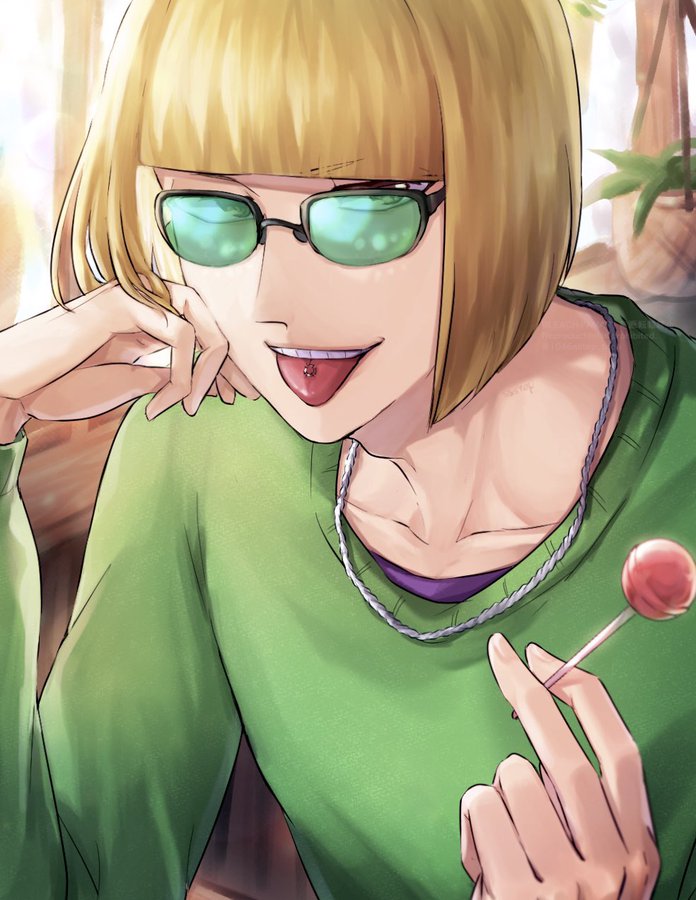 1046sstep_btoh, 1boy, black_eyes, bleach, blonde_hair, blunt_bangs, bob_cut, candy