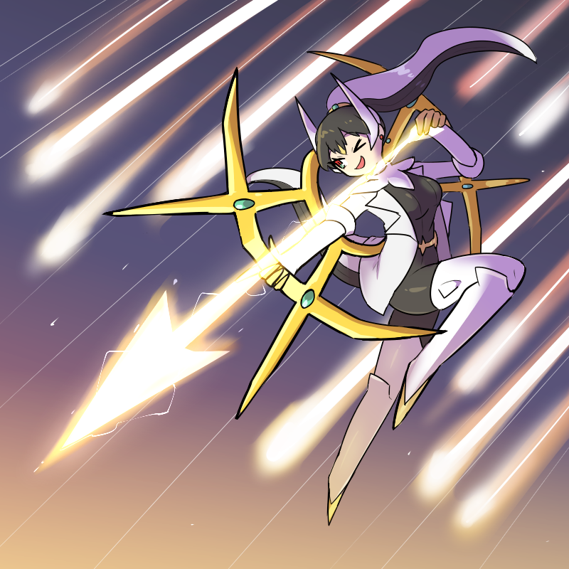 1girl, arceus, arrow_(projectile), black_bodysuit, black_hair, bodysuit, comet, commentary, energy_arrow, gold_halo, gradient_background, halo, high_ponytail, holding, holding_arrow, judgment_(pokemon), kasugai_(de-tteiu), maria_(kasugai_(de-tteiu)), multicolored_eyes, multicolored_hair, one_eye_closed, personification, pokemon, ponytail, solo, spiked_halo, suit, tail, two-tone_hair, white_hair, white_suit